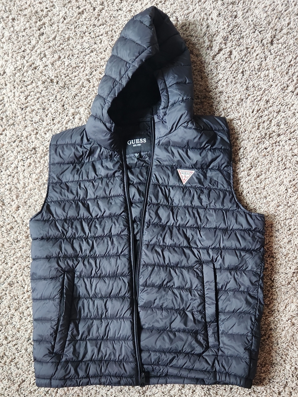 GUESS Black Quilted Hooded Puffer Vest for Men